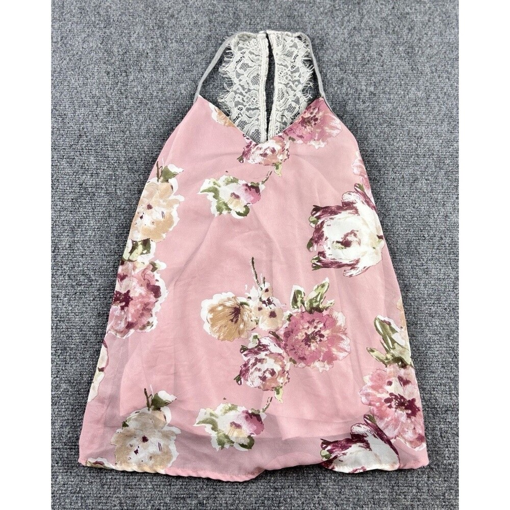 Pink Floral Halter Tank Top Lace Back Racerback Blouse Juniors S M